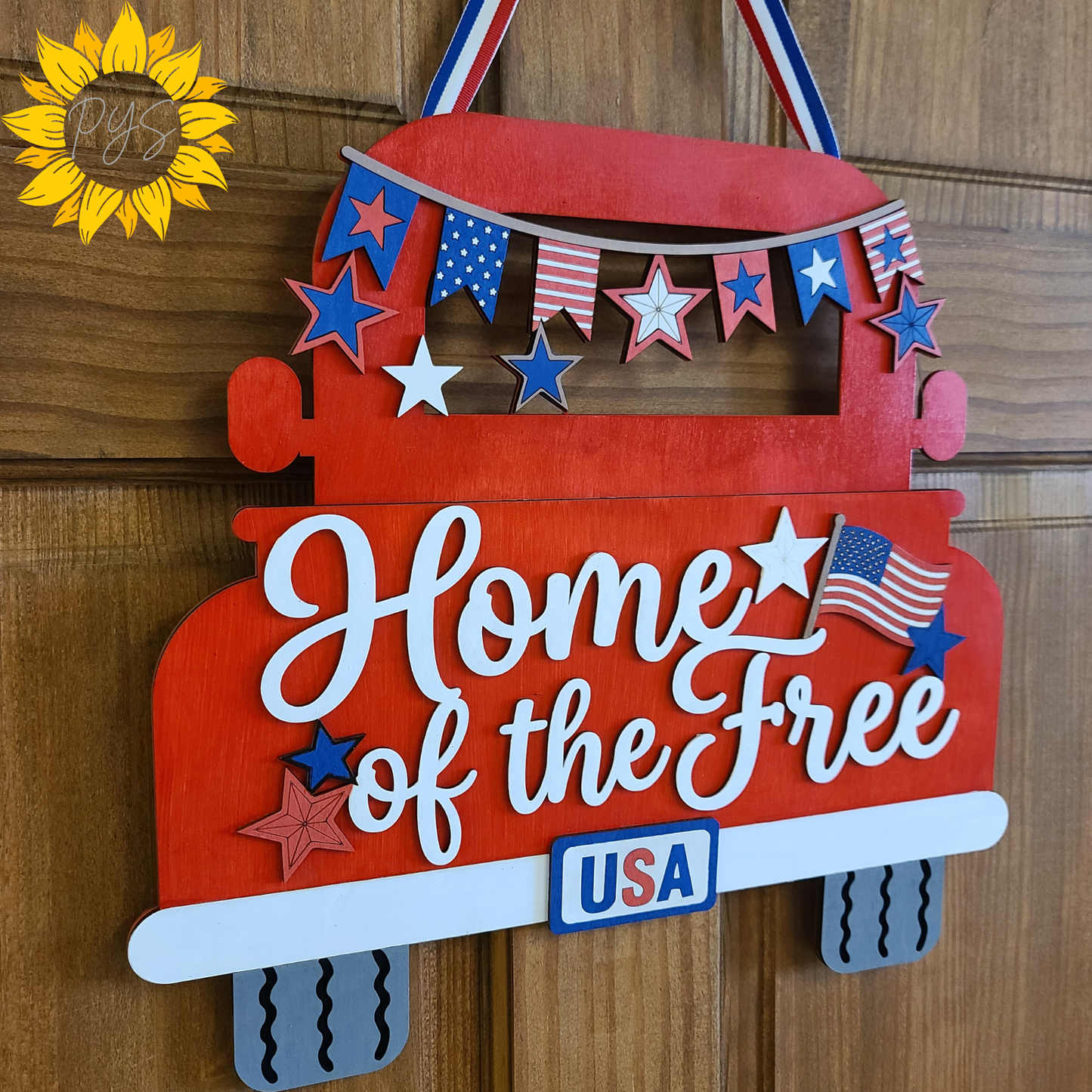 Home of the Free Patriotic Truck Door Hanger | Wooden Front Door Sign | Red White & Blue Americana Decor