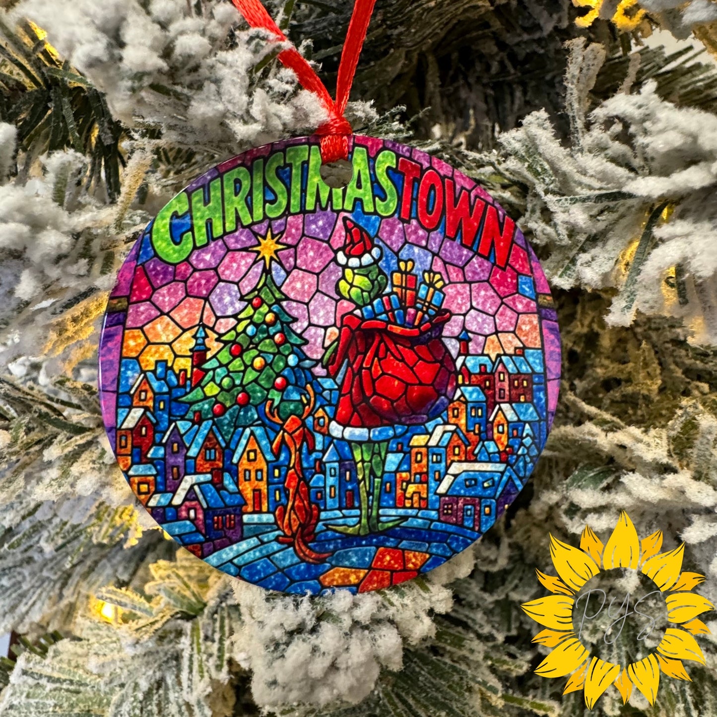 Stained Glass Grinch Double-Sided Metal Ornament – 3.5" Christmas Tree Decoration