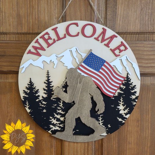Patriotic Bigfoot Welcome Sign | Sasquatch American Flag Door Hanger | Rustic Outdoor Décor