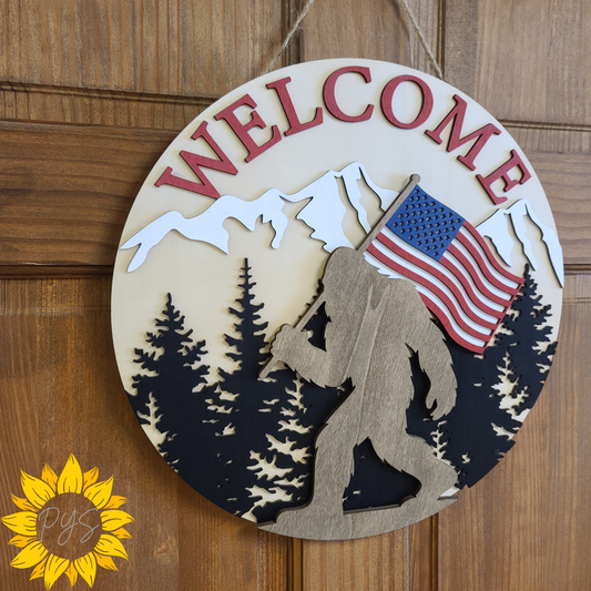 Patriotic Bigfoot Welcome Sign | Sasquatch American Flag Door Hanger | Rustic Outdoor Décor