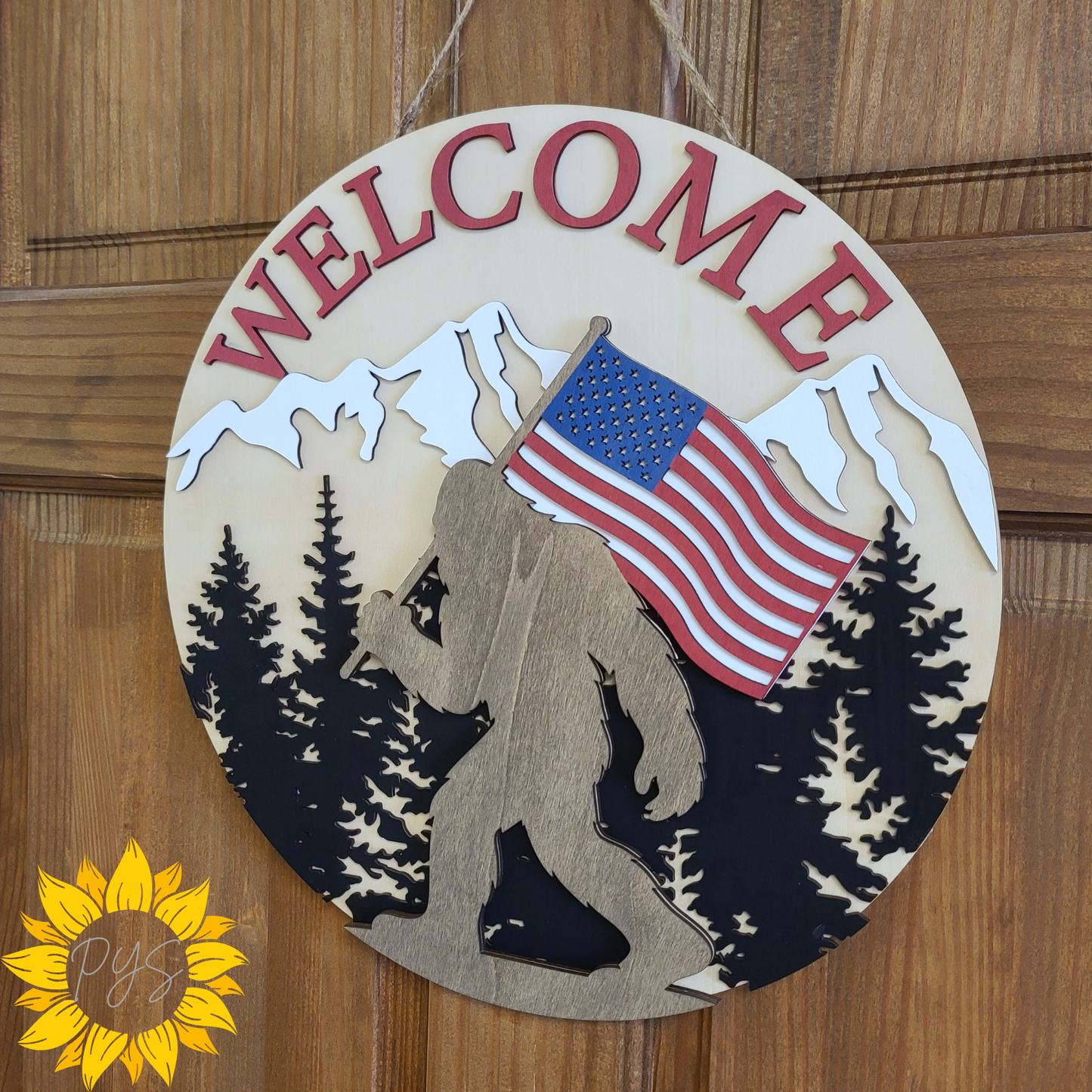 Patriotic Bigfoot Welcome Sign | Sasquatch American Flag Door Hanger | Rustic Outdoor Décor