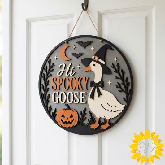 🎃 15" Hi Spooky Goose Halloween Door Hanger | Witch Goose Wooden Sign | Cute Halloween Decor