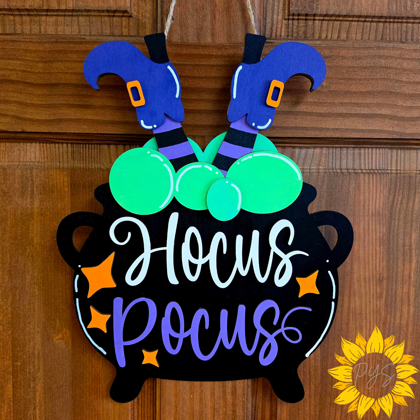 🎃 15" Hocus Pocus Witch Cauldron Door Hanger | Halloween Wooden Front Door Sign | Spooky Witch Decor