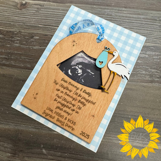 Baby Boy Christmas Ultrasound Ornament/Tag (custom year) — Stork Wood Keepsake + 5x7 Gingham Card