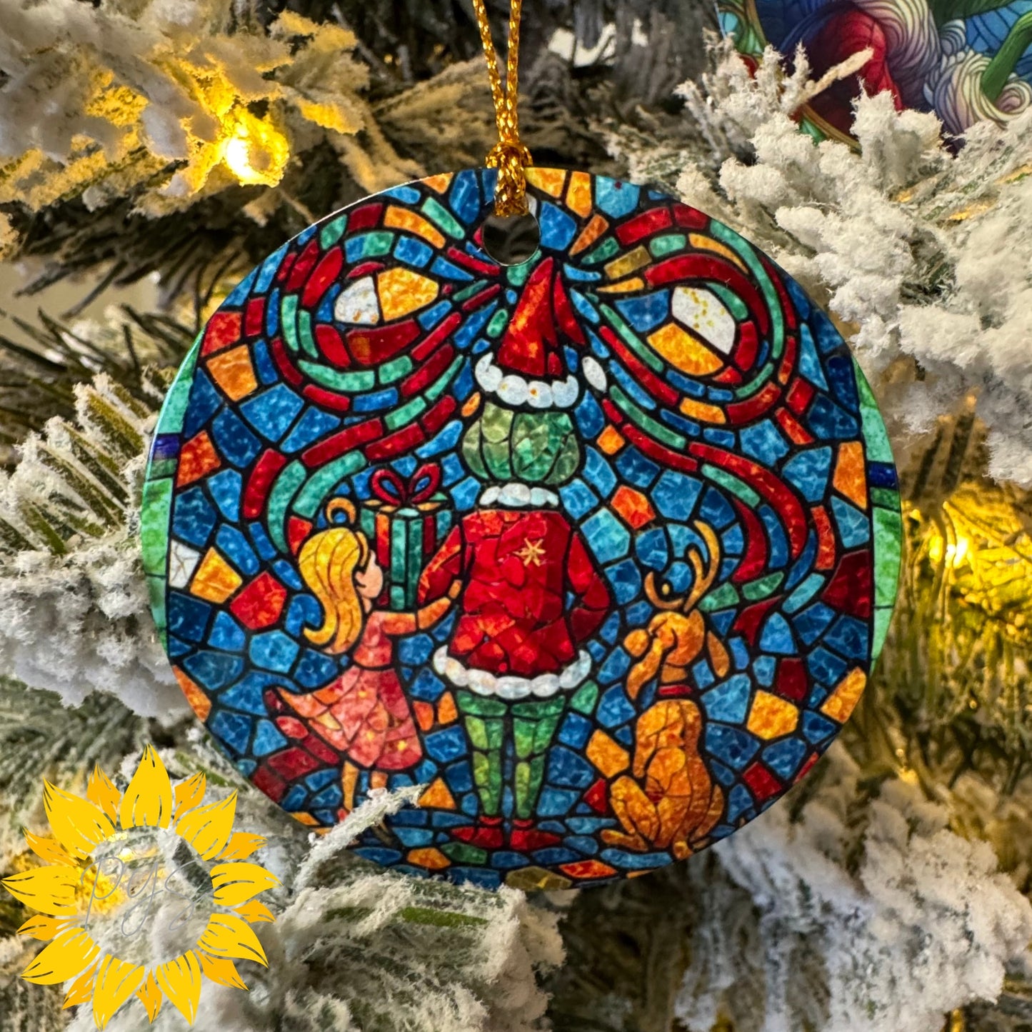 Stained Glass Grinch Double-Sided Metal Ornament – 3.5" Christmas Tree Decoration