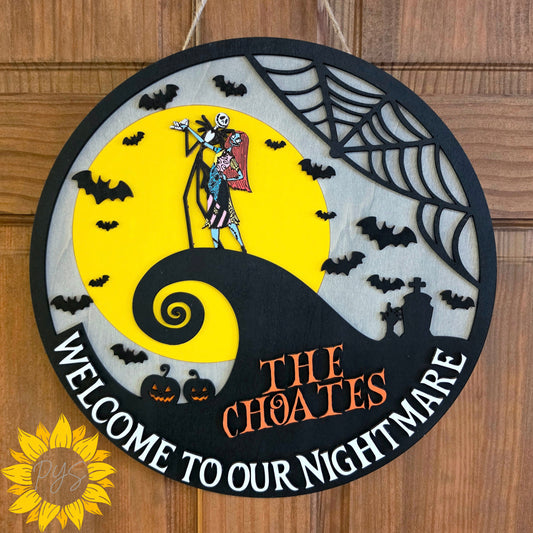 🎃 15" Welcome to Our Nightmare Personalized Halloween Door Hanger | Spooky Couple Wooden Sign | Custom Family Decor