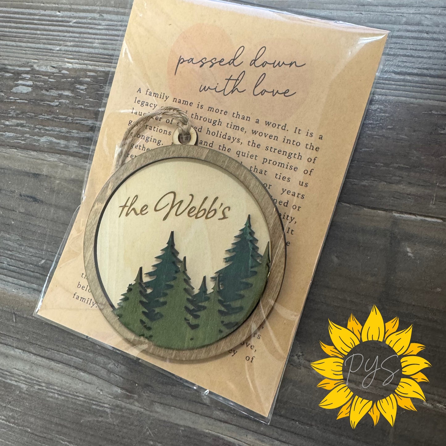 Personalized Family Forest Ornament/Tag — 4” Hand-Painted Layered Wood with 5x7 “Passed Down With Love” Card
