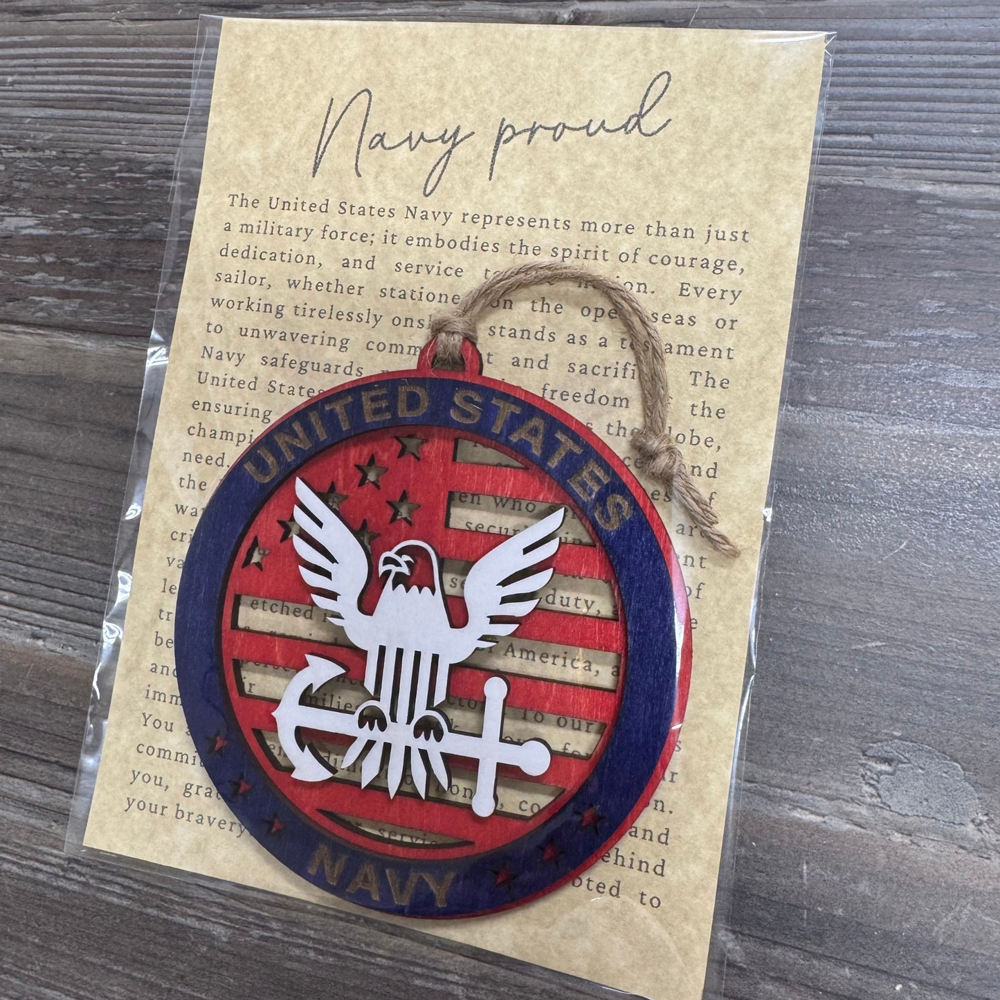 “Navy Proud” Hand-Painted Ornament with Tribute Card | Layered Wood Keepsake