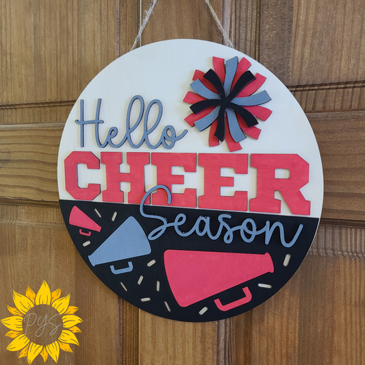 Hello Cheer Season Door Sign 📣 | Cheerleader Door Hanger | Custom School Colors Cheer Décor