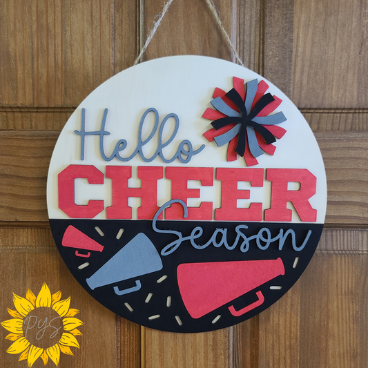 Hello Cheer Season Door Sign 📣 | Cheerleader Door Hanger | Custom School Colors Cheer Décor