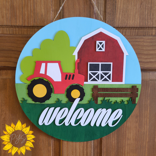 Farmhouse Welcome Door Sign 🚜 | Barn & Tractor Front Door Hanger | Rustic Farm Decor