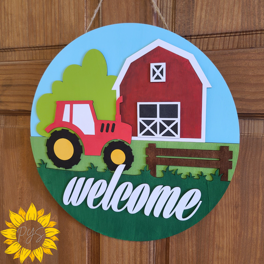 Farmhouse Welcome Door Sign 🚜 | Barn & Tractor Front Door Hanger | Rustic Farm Decor