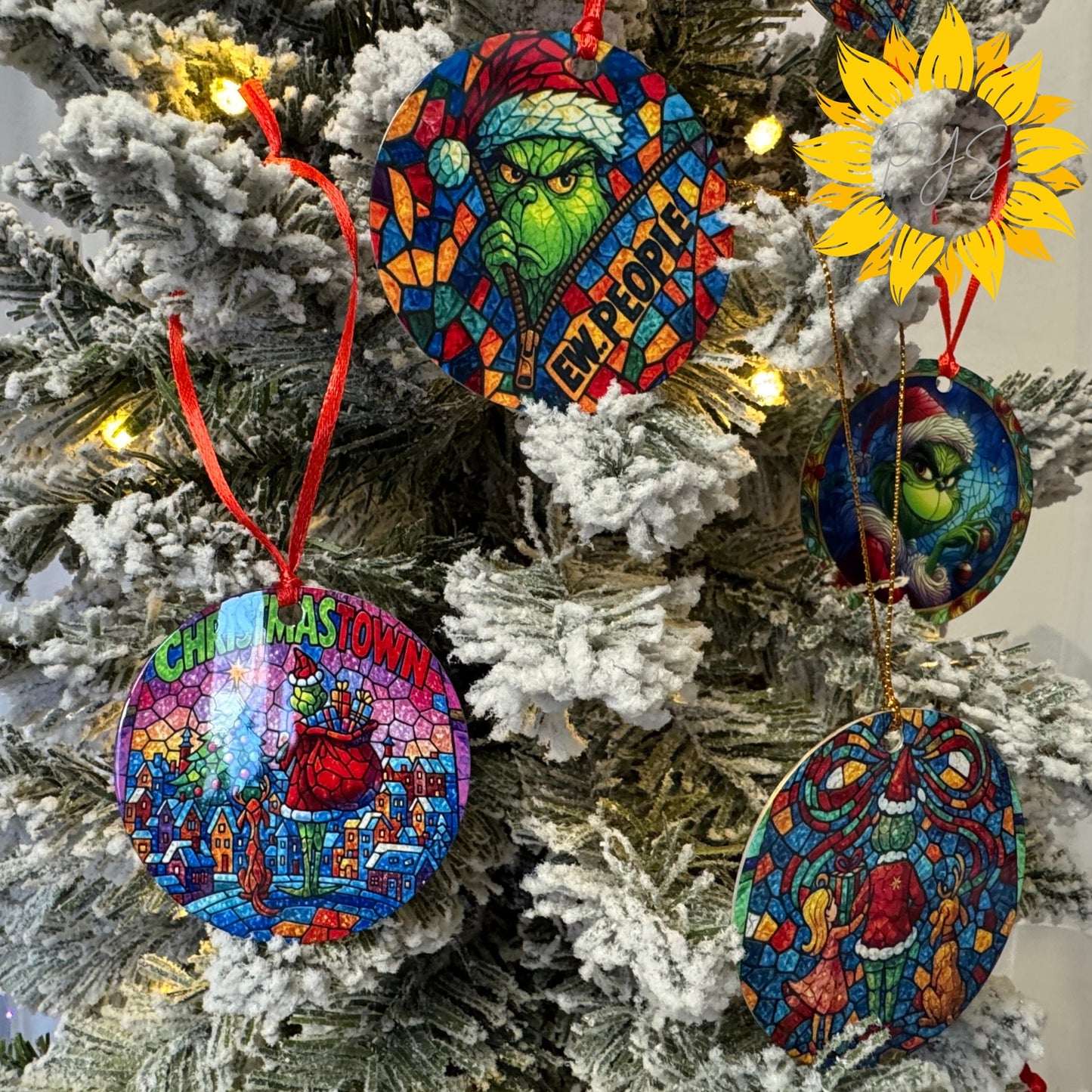 Stained Glass Grinch Double-Sided Metal Ornament – 3.5" Christmas Tree Decoration