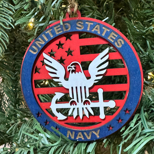 “Navy Proud” Hand-Painted Ornament with Tribute Card | Layered Wood Keepsake