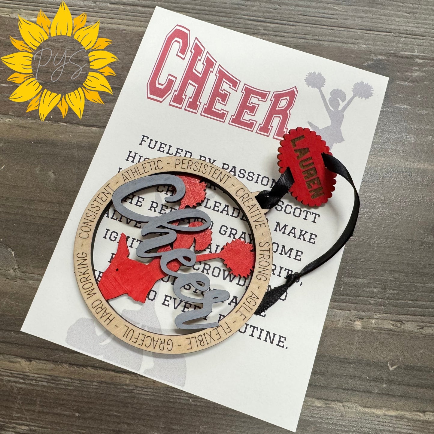 Custom Cheerleader Tag — Personalized Layered Wood Cheer Gift with 5x7 Card