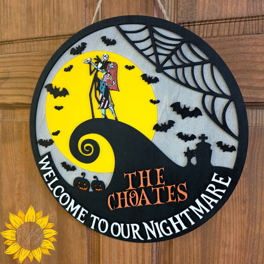 🎃 15" Welcome to Our Nightmare Personalized Halloween Door Hanger | Spooky Couple Wooden Sign | Custom Family Decor