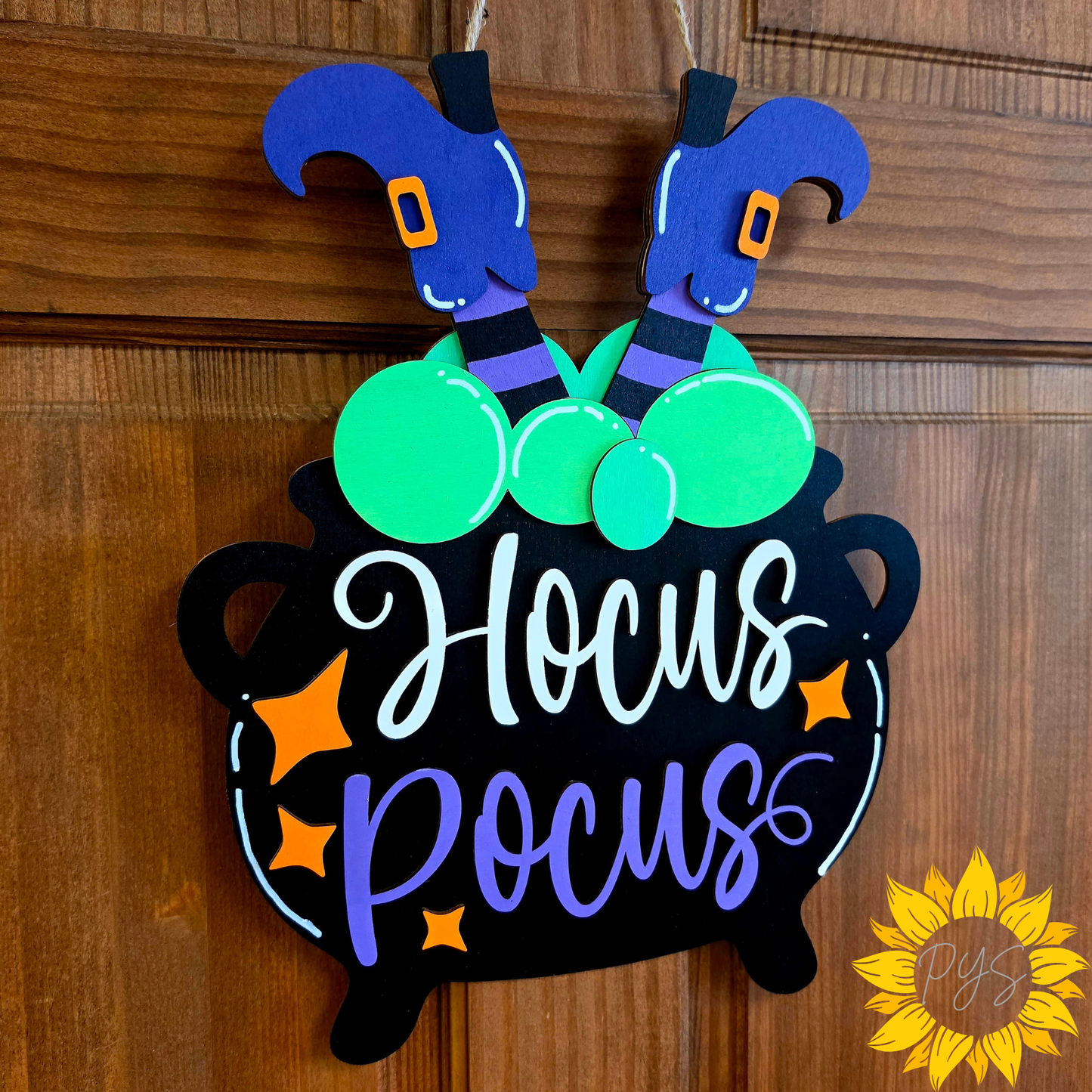 🎃 15" Hocus Pocus Witch Cauldron Door Hanger | Halloween Wooden Front Door Sign | Spooky Witch Decor
