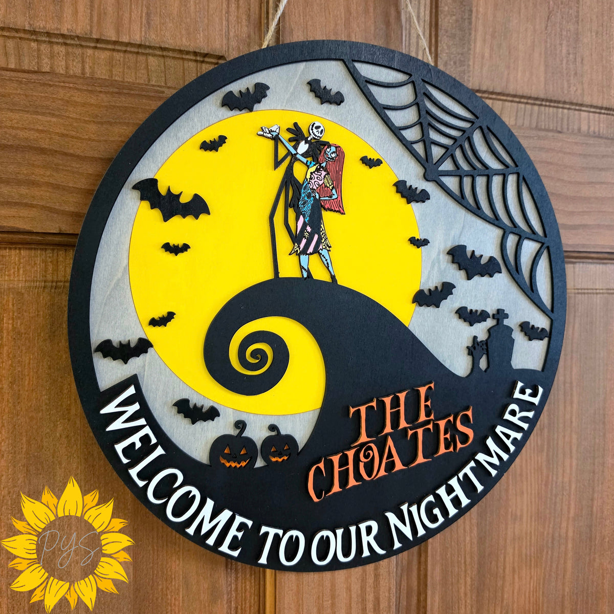 🎃 15" Welcome to Our Nightmare Personalized Halloween Door Hanger | Spooky Couple Wooden Sign | Custom Family Decor