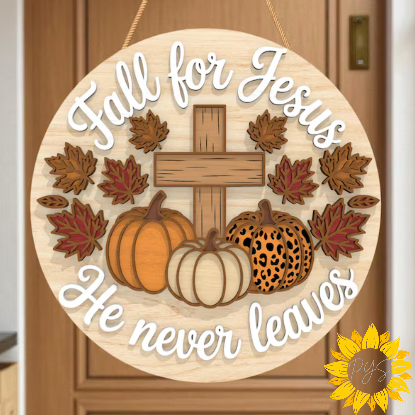 🍂 15" Fall for Jesus He Never Leaves Door Hanger | Christian Fall Wooden Sign | Pumpkin Cross Decor