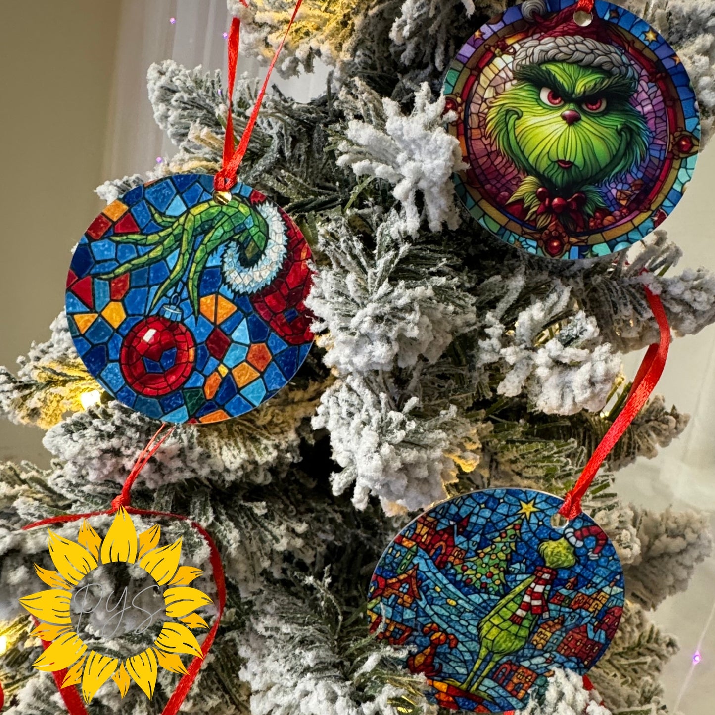 Stained Glass Grinch Double-Sided Metal Ornament – 3.5" Christmas Tree Decoration