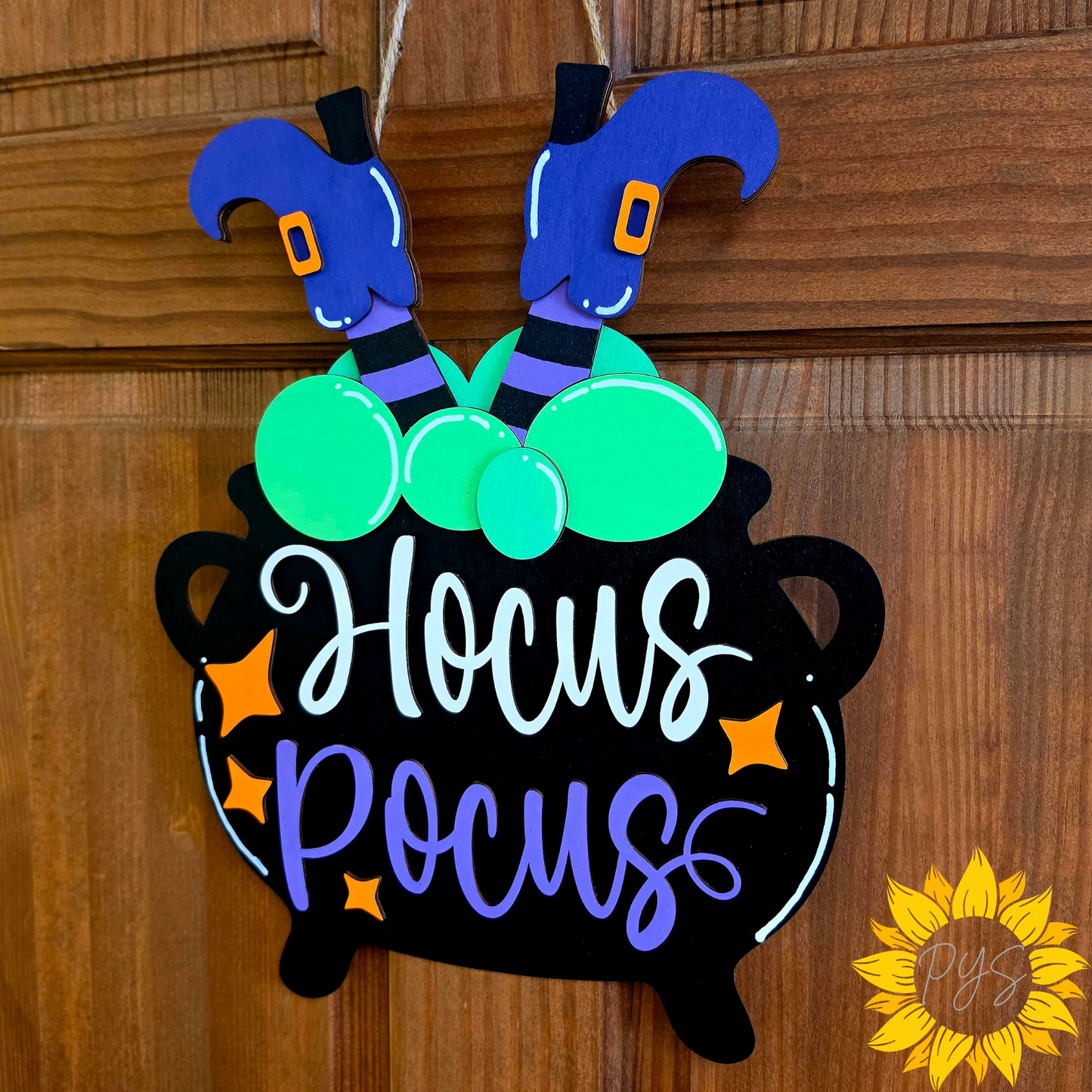 🎃 15" Hocus Pocus Witch Cauldron Door Hanger | Halloween Wooden Front Door Sign | Spooky Witch Decor