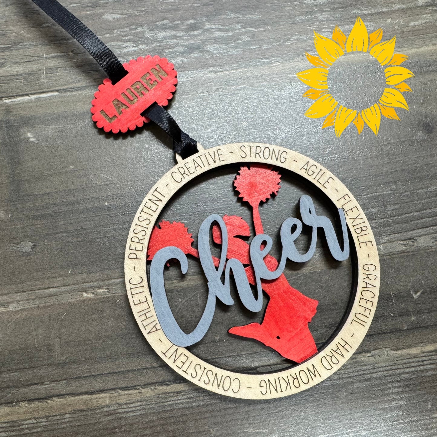 Custom Cheerleader Tag — Personalized Layered Wood Cheer Gift with 5x7 Card