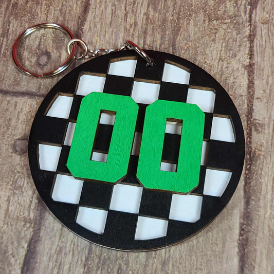 Custom Race Number Wood Keychain 🏁 Checkered Flag Bag Tag